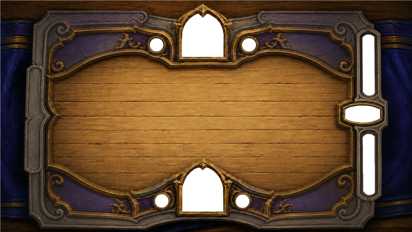 A wooden fantasy card game board